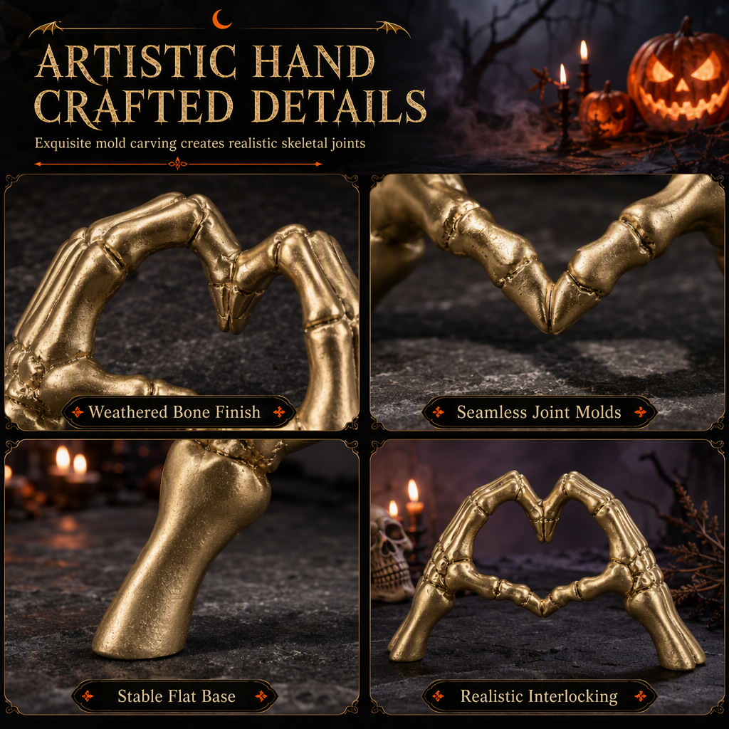 📢📢50% OFF !! ⏰Halloween Resin Skeleton Figurine with Heart Hand Gesture for Home Bedroom Desktop Decoration