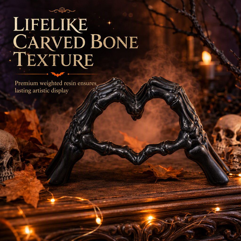 📢📢50% OFF !! ⏰Halloween Resin Skeleton Figurine with Heart Hand Gesture for Home Bedroom Desktop Decoration
