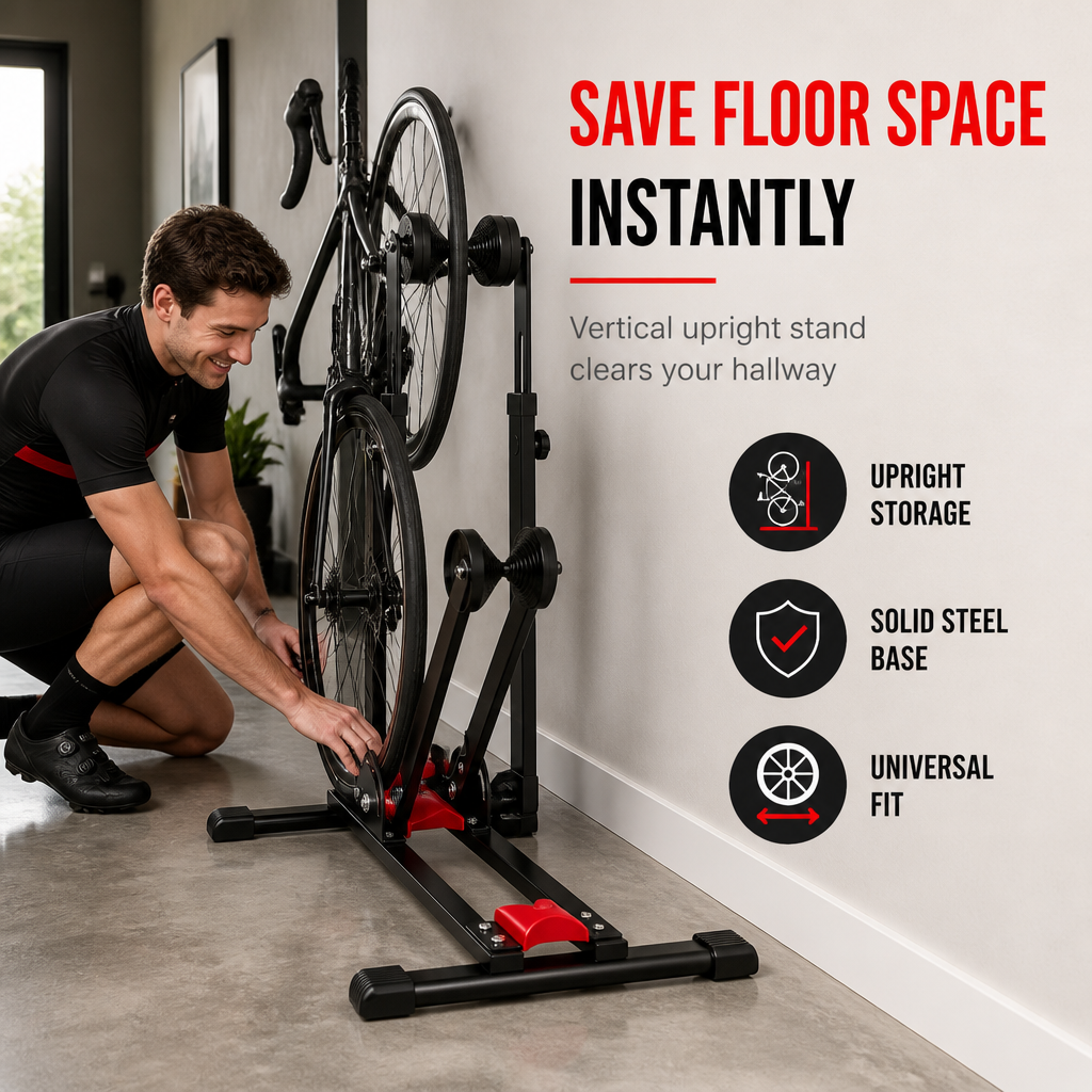 🚲 Vertical Bike Parking Rack: Foldable Steel Stand, Adjustable Height, Space-Saving