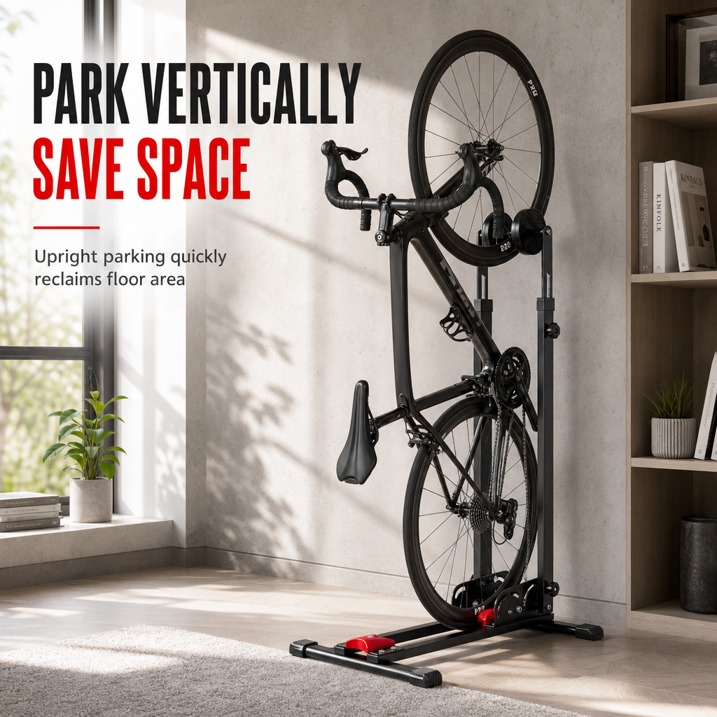 🚲 Vertical Bike Parking Rack: Foldable Steel Stand, Adjustable Height, Space-Saving