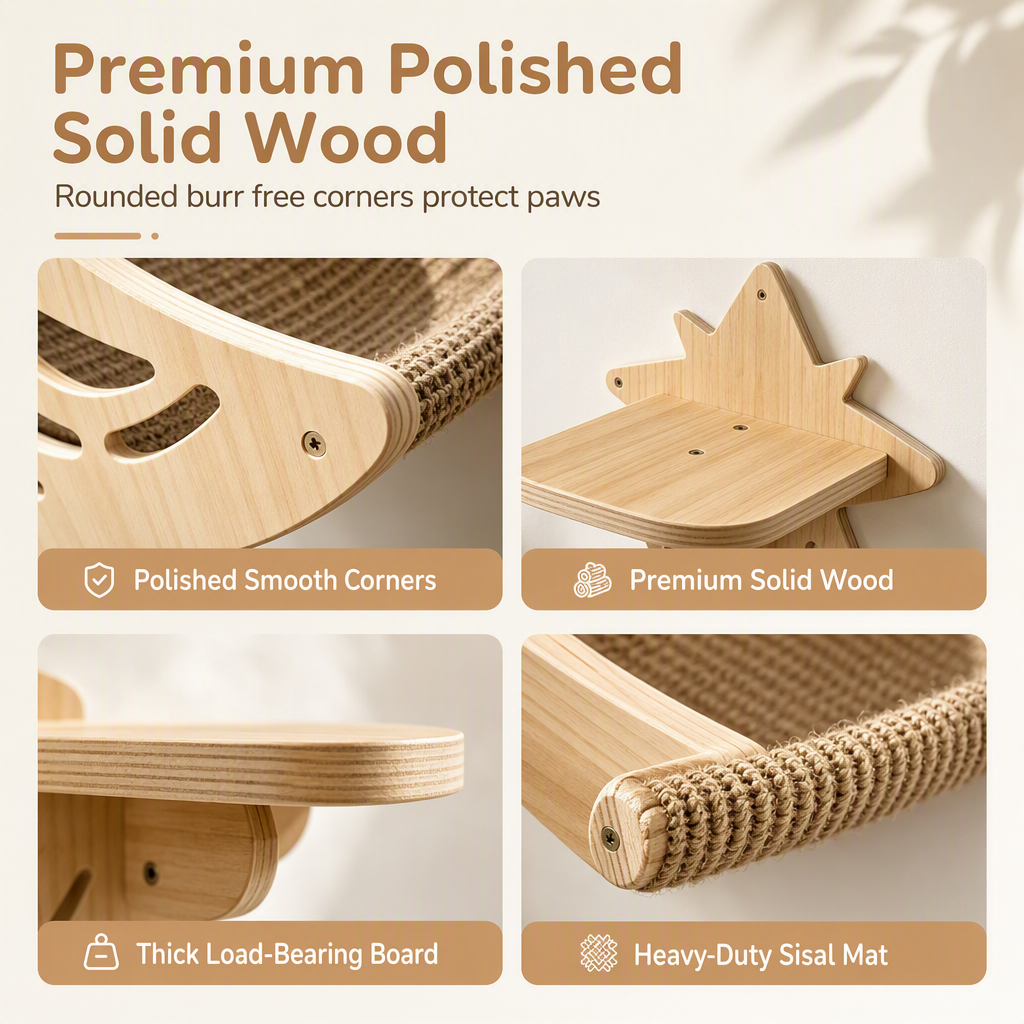 🐱 50% OFF! ✨ Wall-Mounted Wooden Cat Climbing Frame Set – 3 Jumping Steps, Moon Hammock & Sisal Mat, Premium Solid Wood – Space-Saving Vertical Playground for Active Pets 🪵